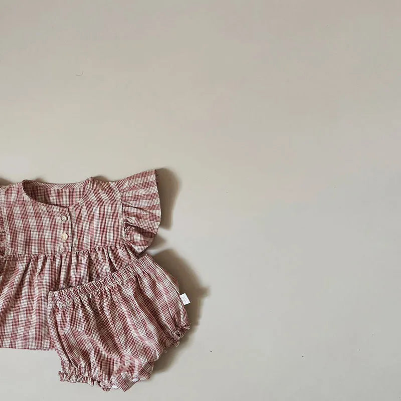 Charming Plaid Rufflee Tee and Bloomer Set for Newborns by MILANCEL