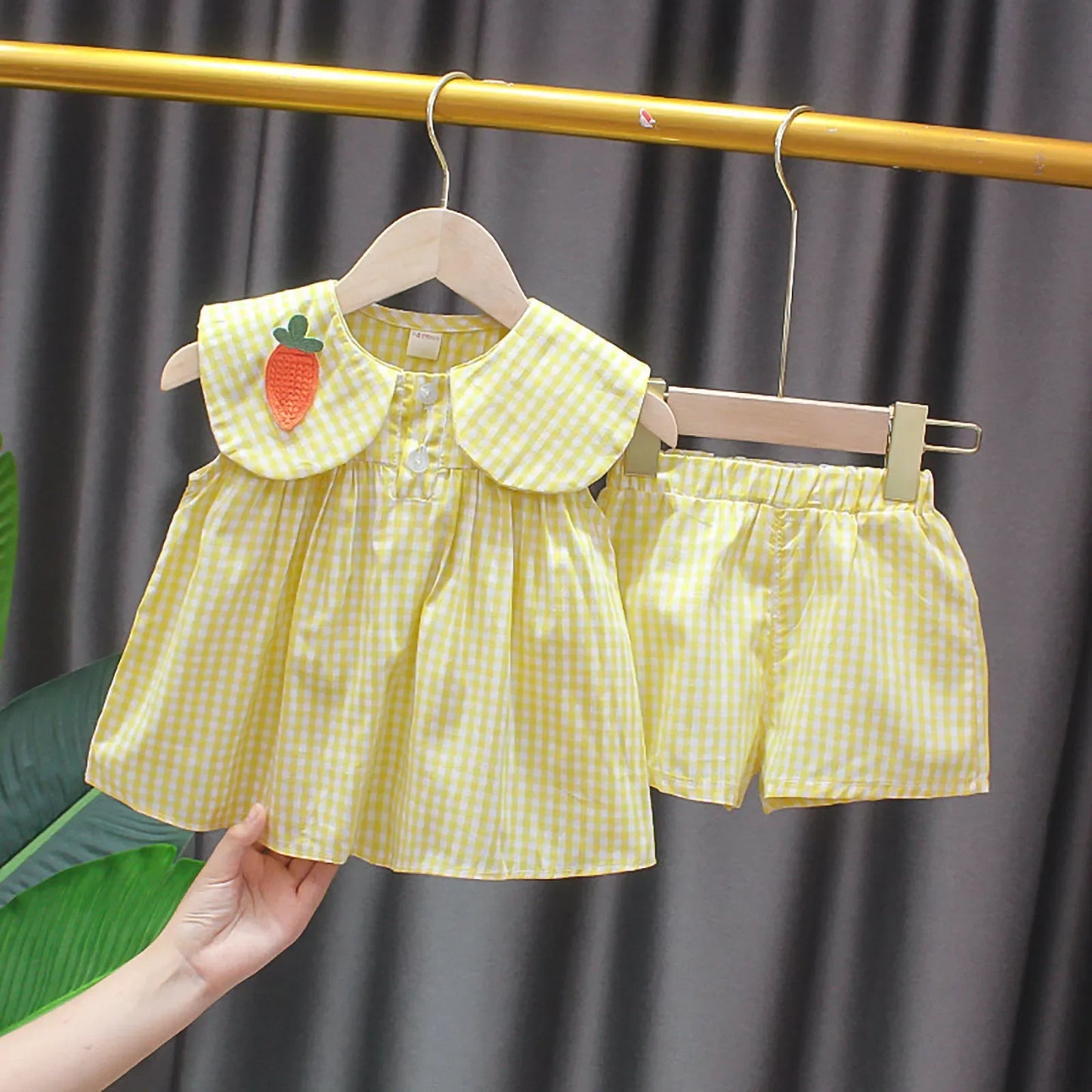 Cute Fruit Cotton Set - Plaid Top & Shorts