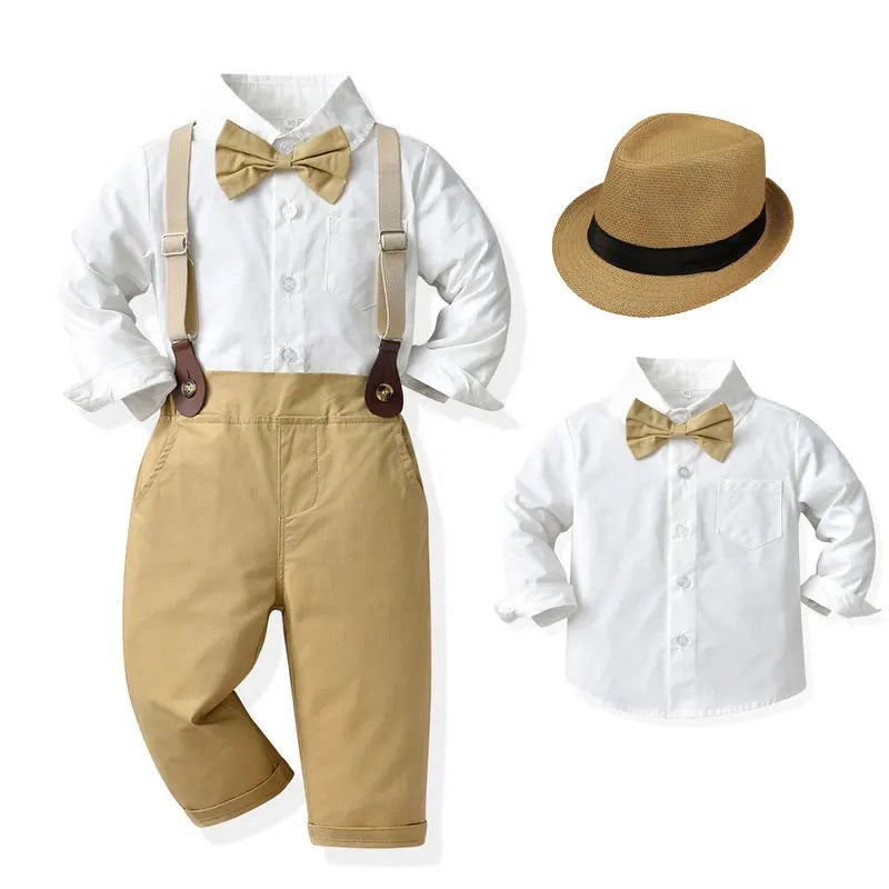 Khaki Suspender Pants & Shirt Gentleman Suit