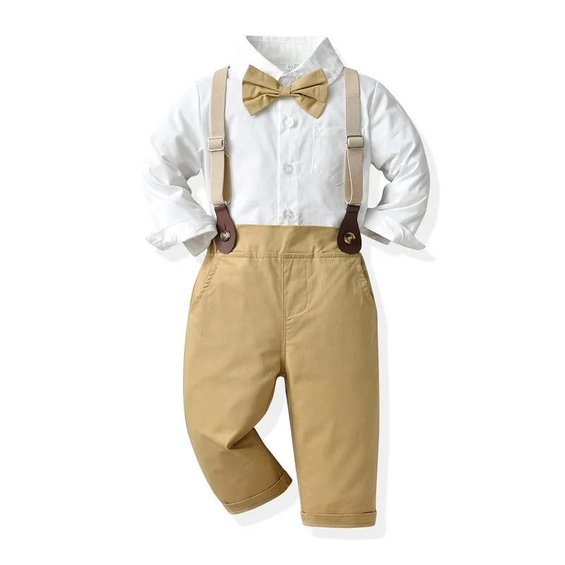 Khaki Suspender Pants & Shirt Gentleman Suit