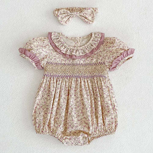 Floral Print Cotton Romper with Bow