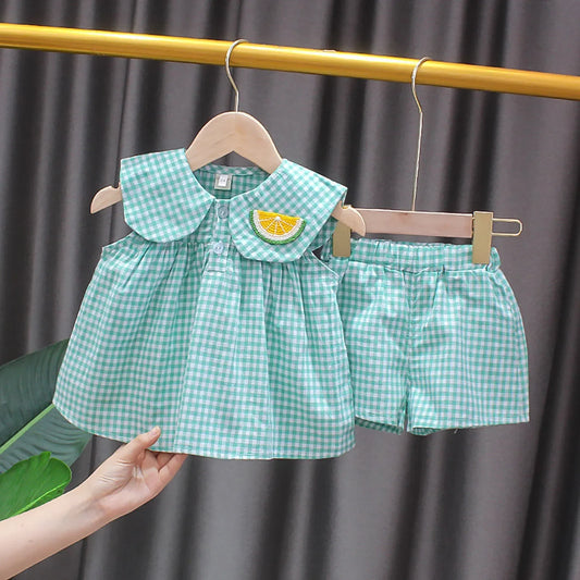 Cute Fruit Cotton Set - Plaid Top & Shorts